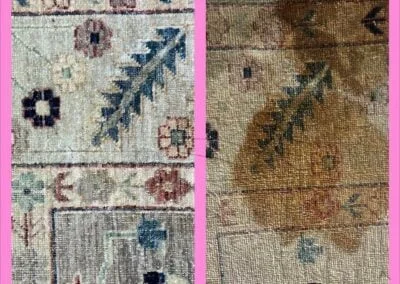 "Side-by-side comparison of a patterned rug before and after a stain. The left side shows the rug’s original cream background with blue, red, and beige floral designs. The right side shows the same area discolored with a large, dark yellow-brown stain covering part of the blue leaf motif."